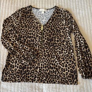 Leopard Print V-Neck Top with Zipper